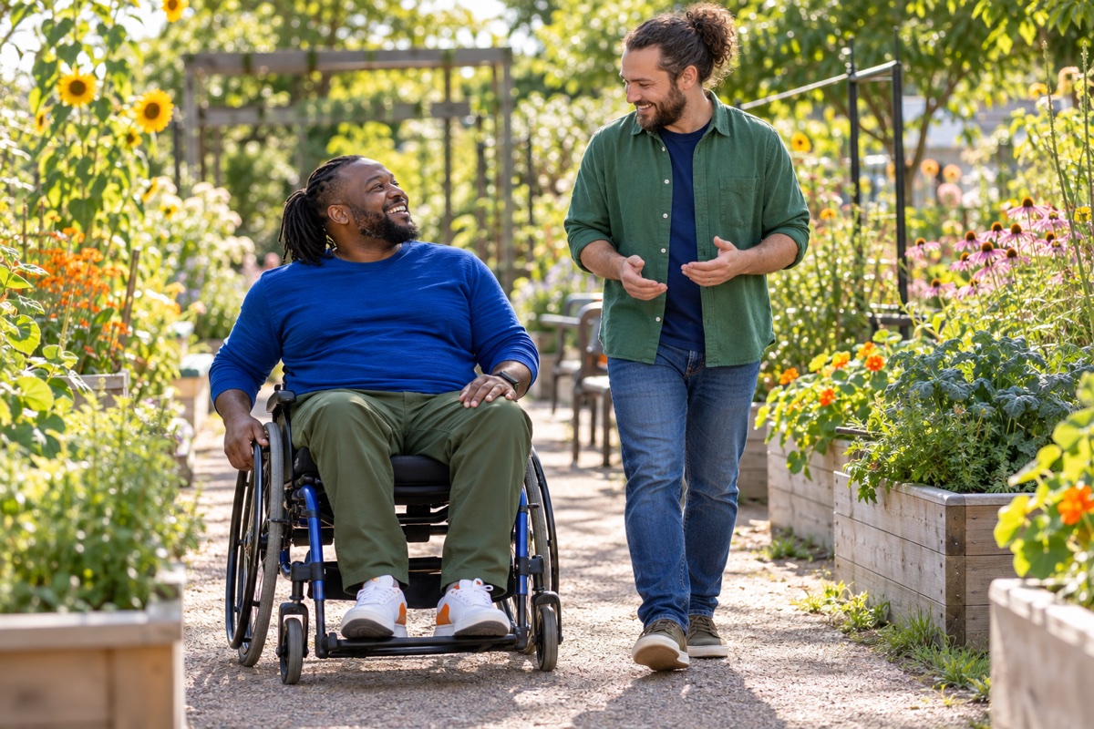 A wheelchair user and support professional enjoying a community garden