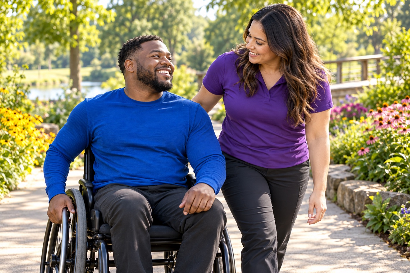 A wheelchair user and support professional enjoying a sunny park together